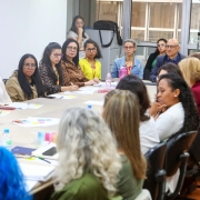 A imagem mostra cerca de 20 pessoas, predominantemente mulheres, sentadas em volta de uma mesa. A sala tem paredes brancas e uma janela ao fundo da imagem. Há diversos papéis sobre a mesa.